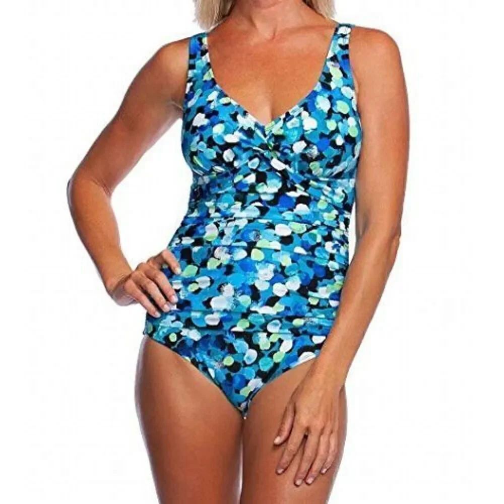 Maxine Of Hollywood 18W One Piece Swimsuit Blue Green Dot Print Ruched Slimming